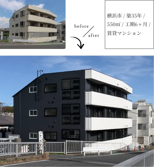 横浜市 / 築35年 / 550㎡ / 工期6ヶ月 / 賃貸マンション