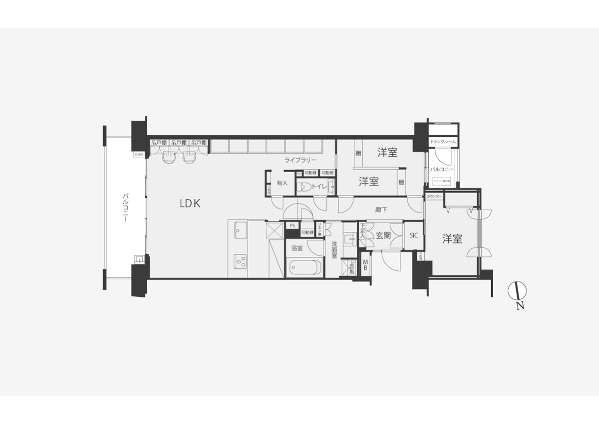 事例2. 20畳のLDKと充実した収納が魅力の住宅の間取り図