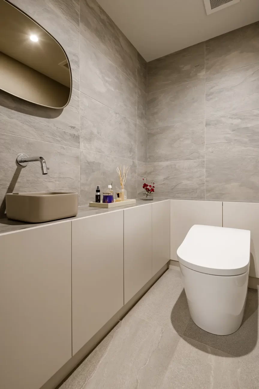 Minimalist bathroom with grey tiled walls, a beige rectangular sink, wall-mounted faucet, white cabinets, and a modern toilet.
