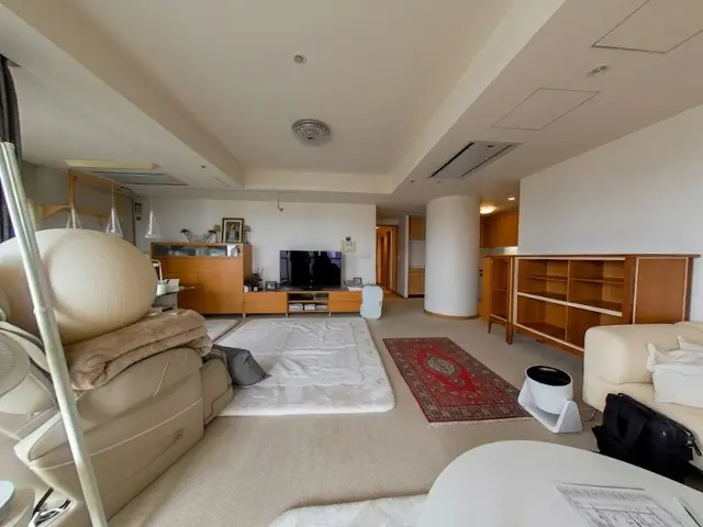 Spacious living room with a beige sofa, white rug, TV on a wooden console, red runner rug, and a tall wooden shelf.
