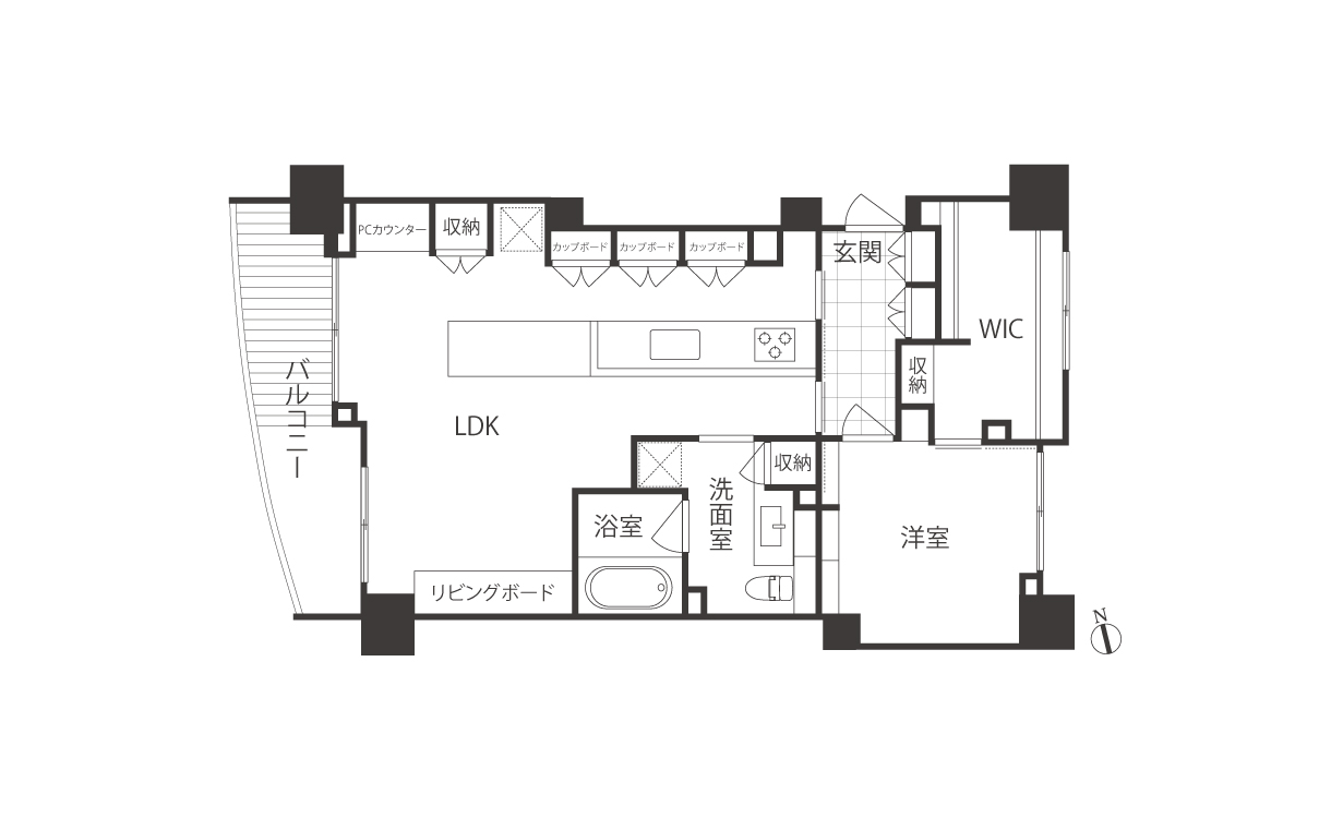 Apartment floor plan with LDK (open living/dining/kitchen) and island, bath, washroom, bedroom, walk-in closet, balcony on the left, entrance on the right, north arrow included.