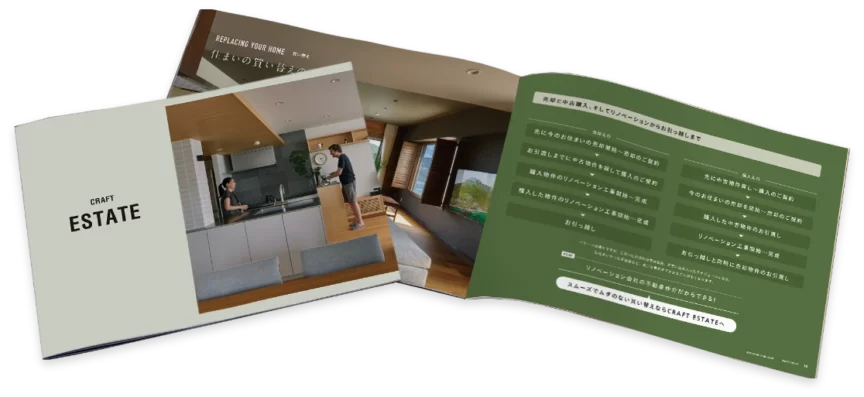 Open brochure spread for CRAFT ESTATE featuring a modern kitchen and living area with a man and woman conversing.