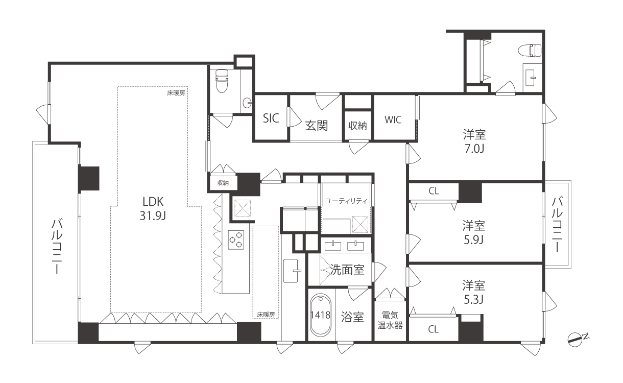 Floor plan of a multi-room residence: large LDK area with island, balcony on left, entryway, storage, utility room, bathroom, and three bedrooms on the right with closets and balcony access.
