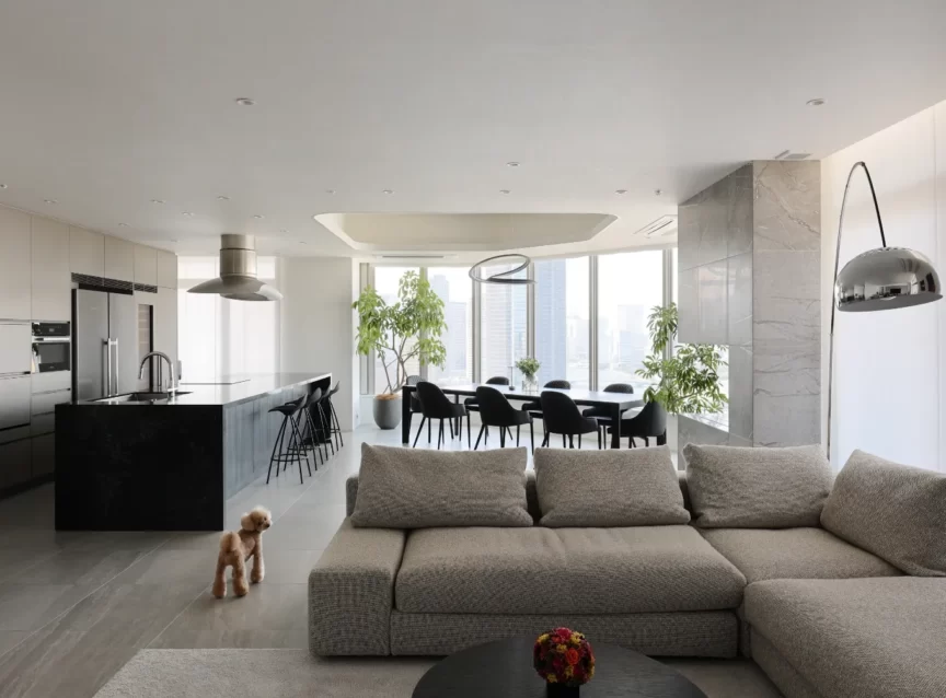 Modern open-concept living space with a gray sectional sofa, dining table, and kitchen island; a small poodle on the floor near the seating area.