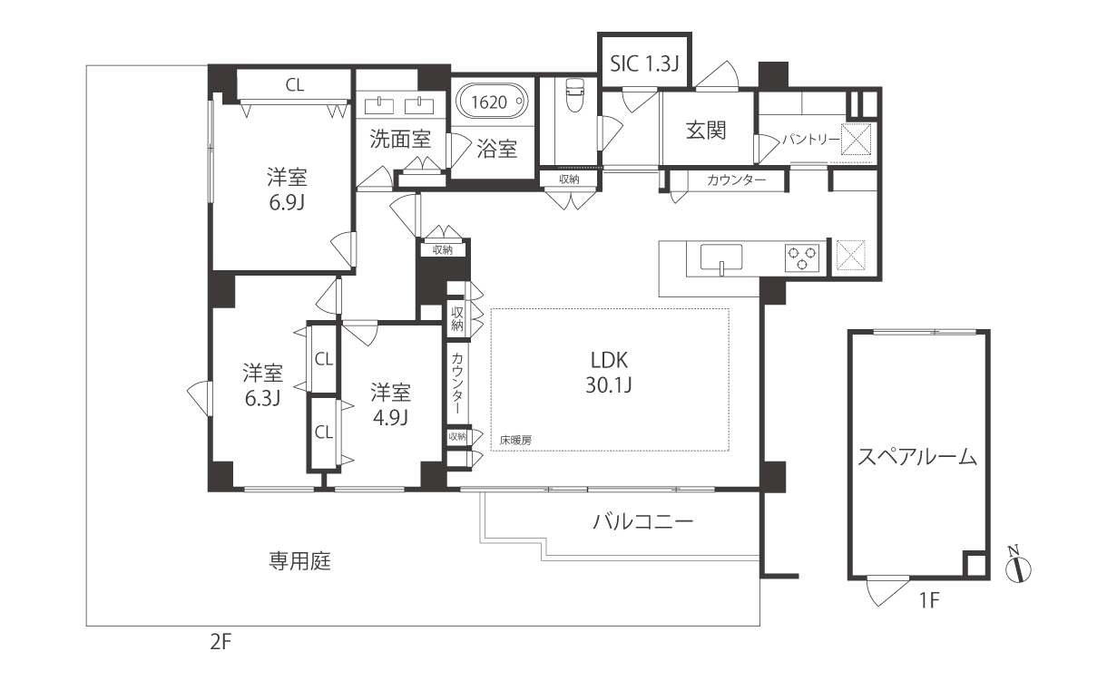 Two-floor apartment layout: LDK 30.1J with an adjacent balcony, three bedrooms (6.9J, 6.3J, 4.9J), washroom, bathroom, and kitchen island; entryway and pantry near the entrance; SIC 1.3J near the foyer; private garden.